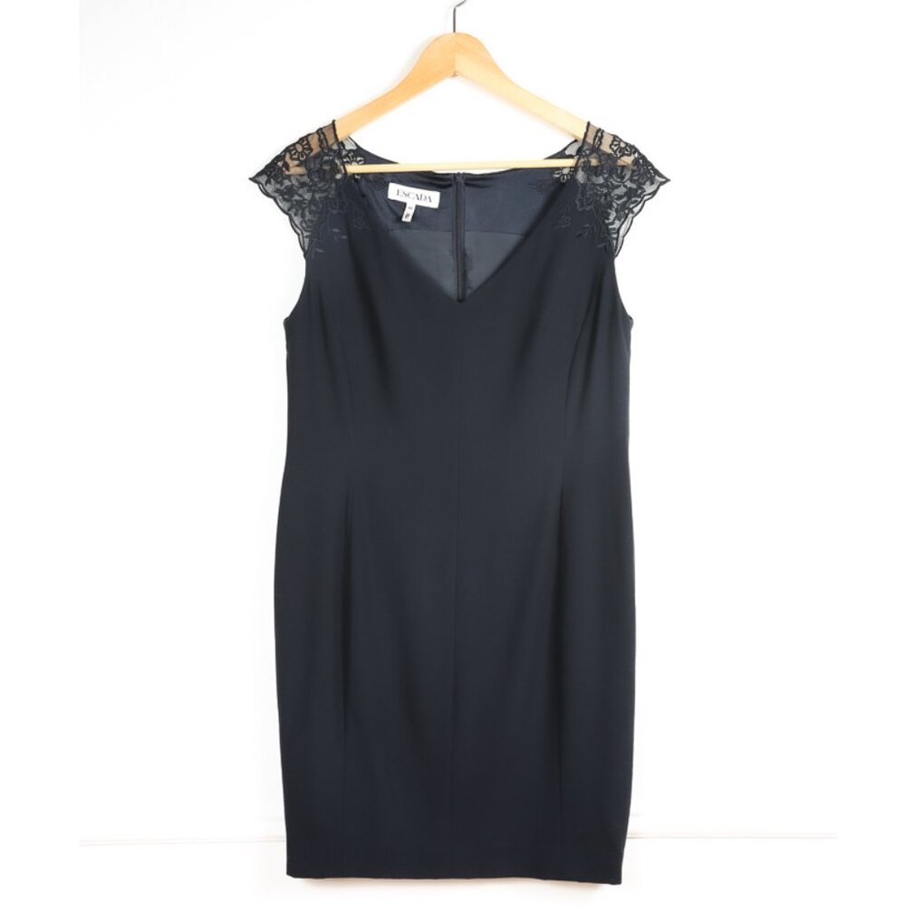 ESCADA Black Wool Blend Sheath Dress with Lace Capped Sleeves